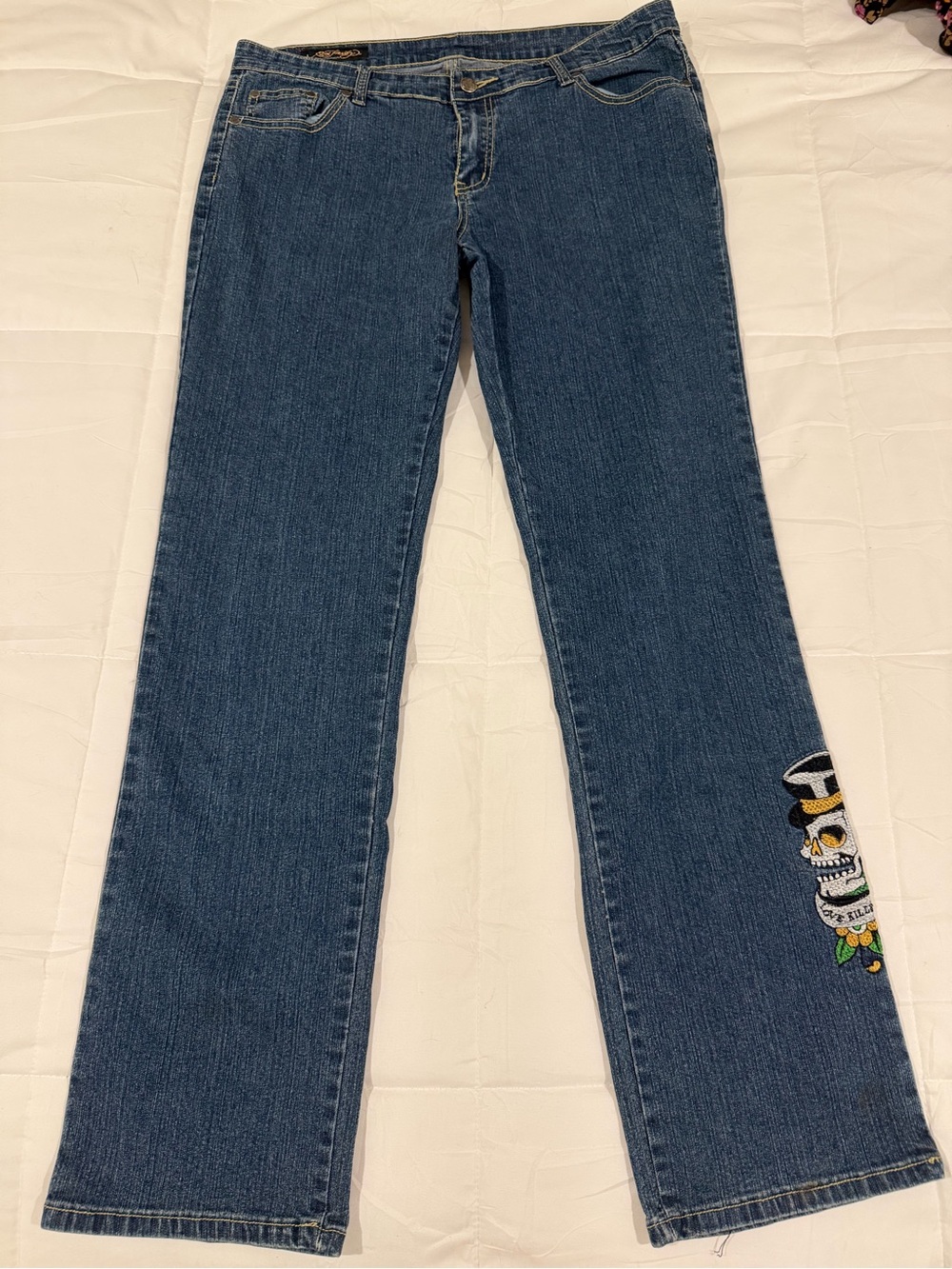 Women’s Ed Hardy Love Kills Slowly Embroidered Dark Blue Jeans 15/16